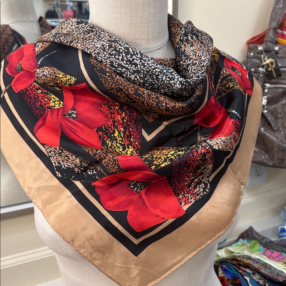 The Specialty House vintage 100% Silk Printed Scarf - Tan, Black, Red floral